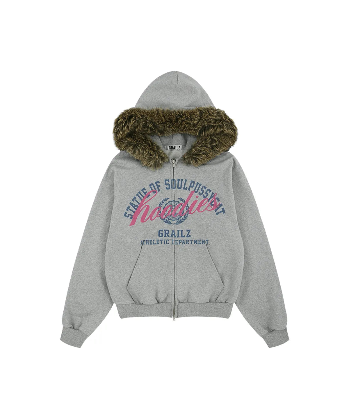 [Lesserafim Chaeyeon Worn] SoulPussycat X Grailz Parody Fur Zip Up Hoodie -Gray