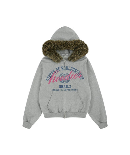 [Lesserafim Chaeyeon Worn] SoulPussycat X Grailz Parody Fur Zip Up Hoodie -Gray