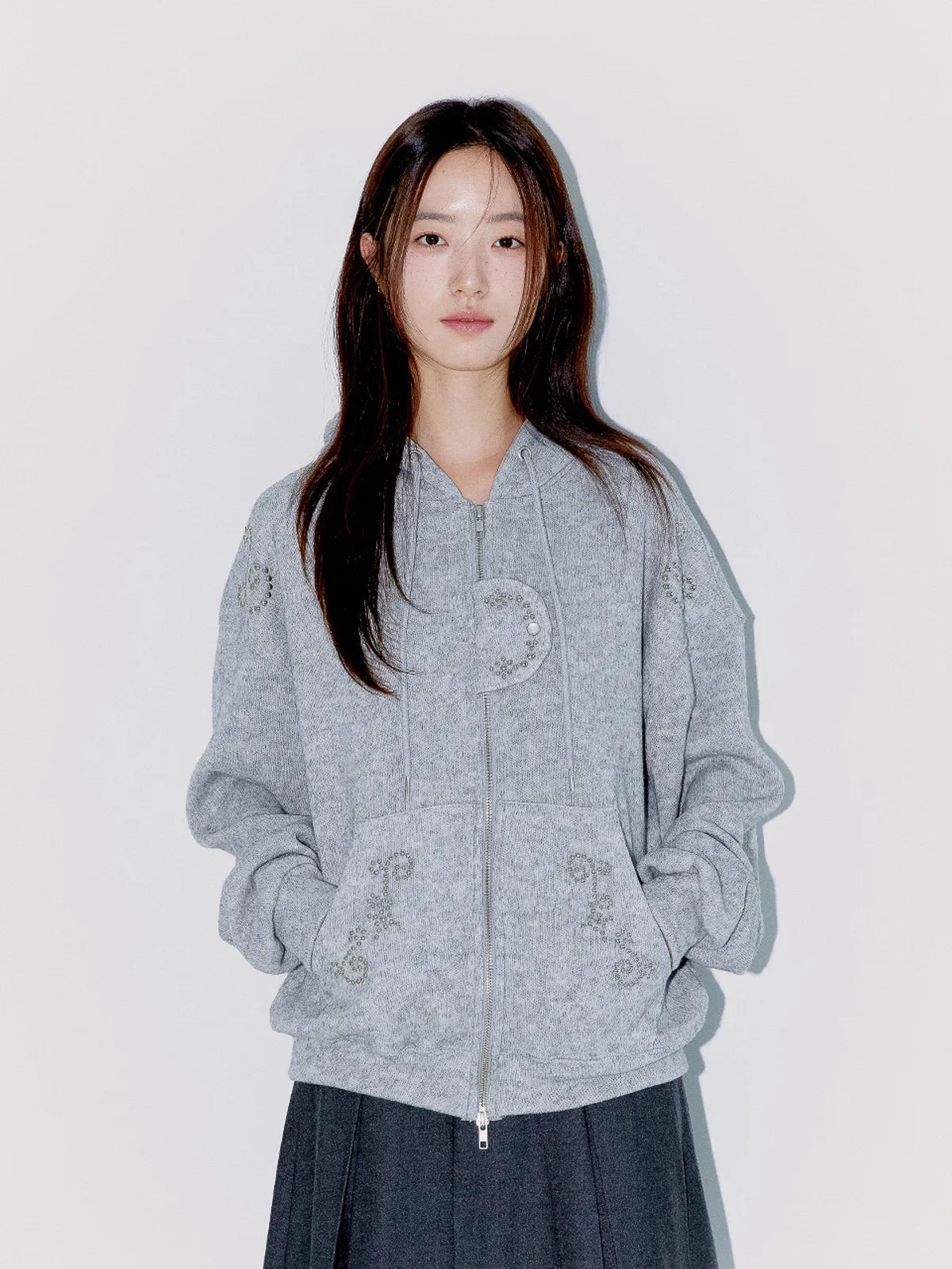 [Illit Iroha Worn] Oafish Studded Two-Way Hoodie Zip Up