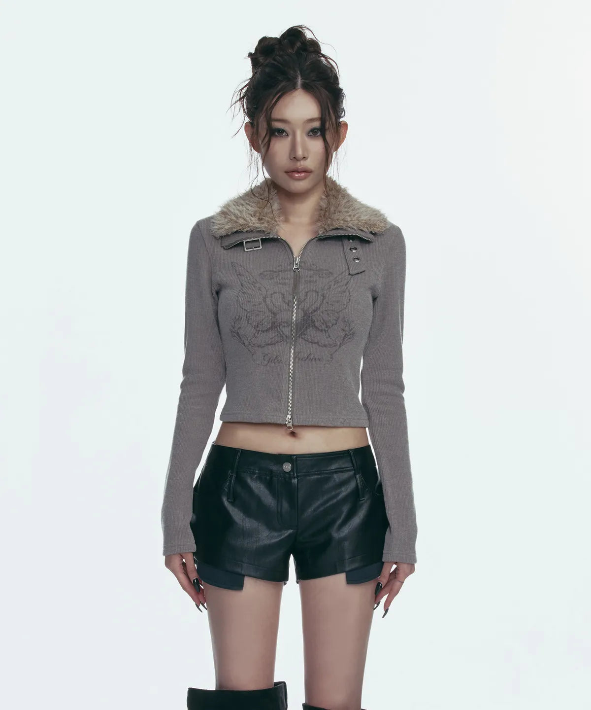 Gila Archive Fur Collar Graphic Knit Zip-Up