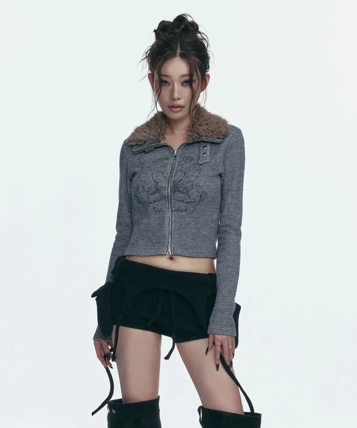 Gila Archive Fur Collar Graphic Knit Zip-Up