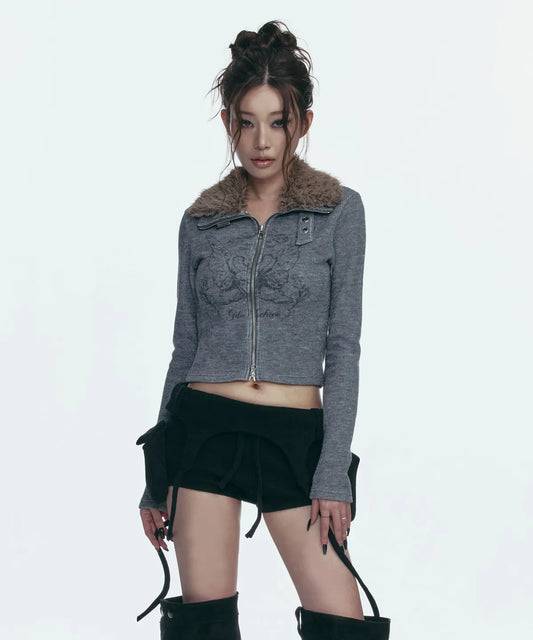 Gila Archive Fur Collar Graphic Knit Zip-Up