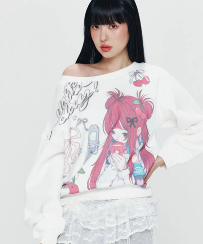[Ive Lee Seo Worn] Kirsh X Pyitu Graphic Off-Shoulder Crop Sweatshirt