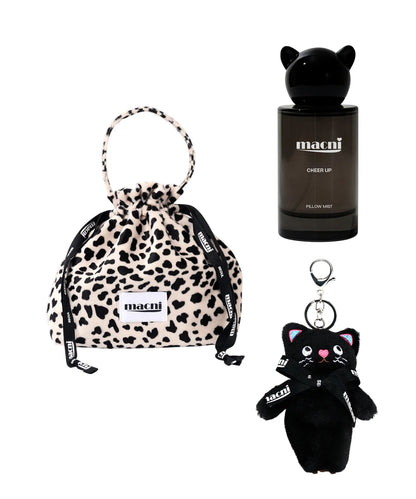 Macni - Leopard String Puch, Pillow MIst & Meow Cat Keyring Set