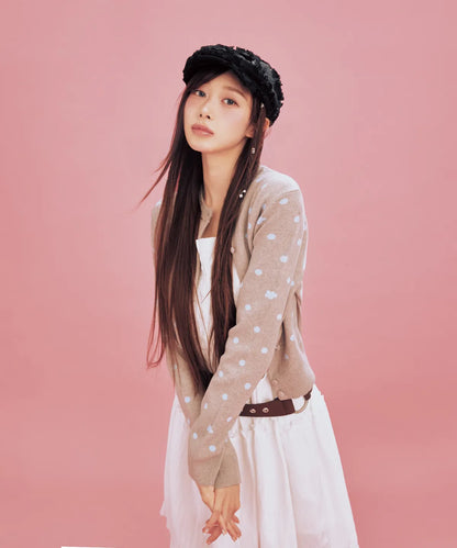 [Aespa Giselle Worn] 26SS Women's Lily Dot Round Neck Cardigan Gray