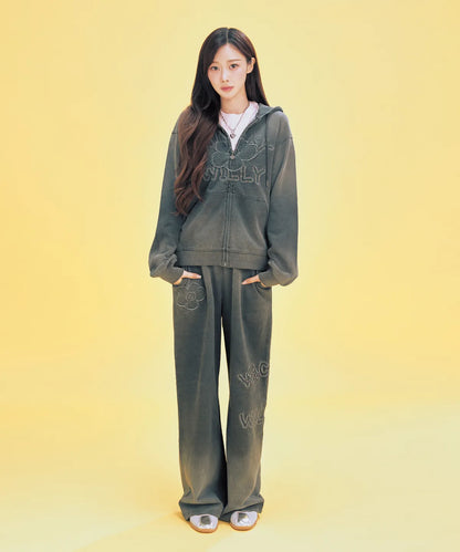 [Aespa Giselle Worn] 26SS Wacky Willy Women's Big Lily denim washed Zip-Up Hoodie/ Sweatpants Gray