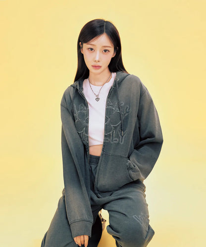 [Aespa Giselle Worn] 26SS Wacky Willy Women's Big Lily denim washed Zip-Up Hoodie/ Sweatpants Gray