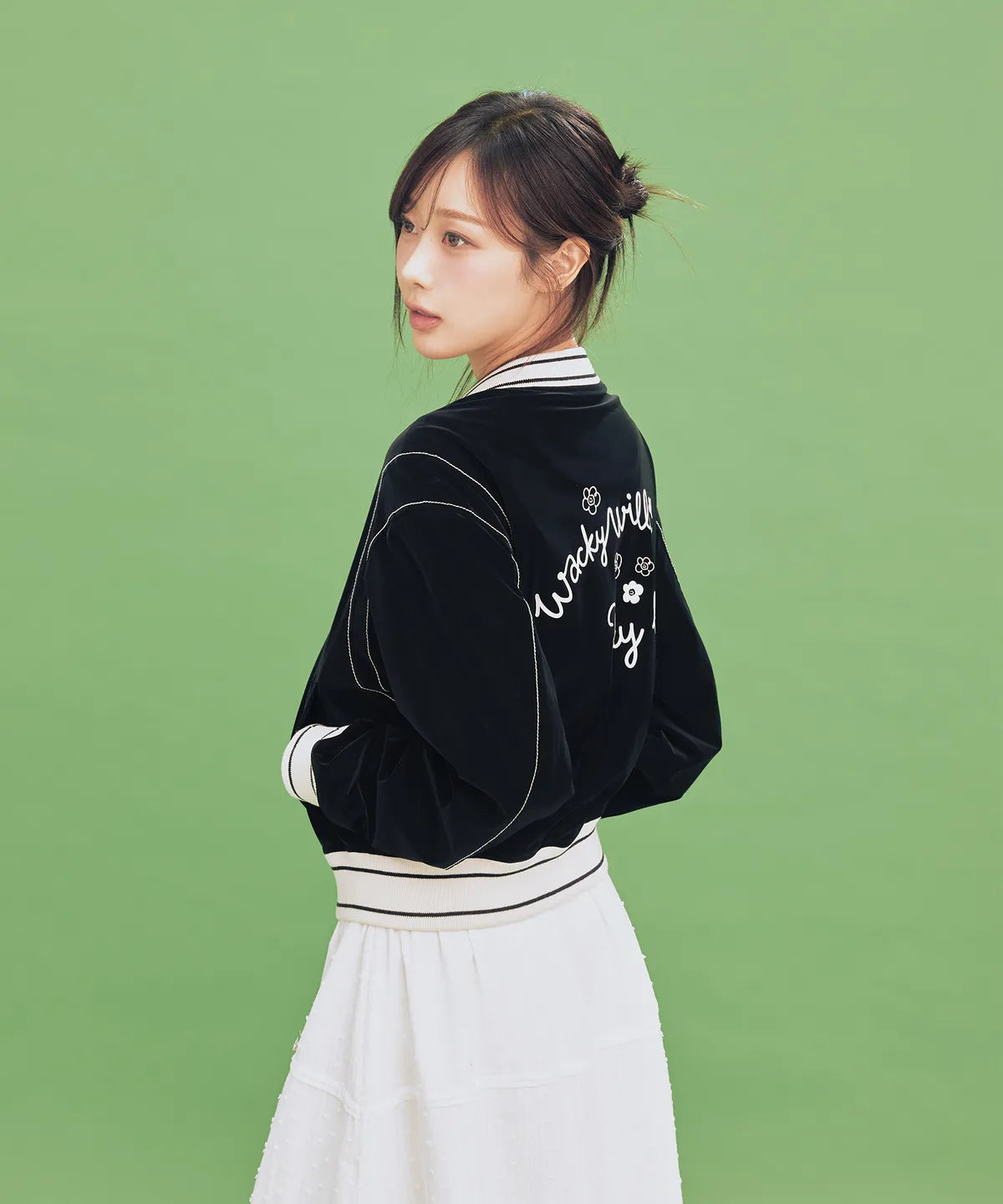 [Aespa Giselle Worn] 26SS Wacky Willy Women's Velvet-Like Varsity Jacket in Black