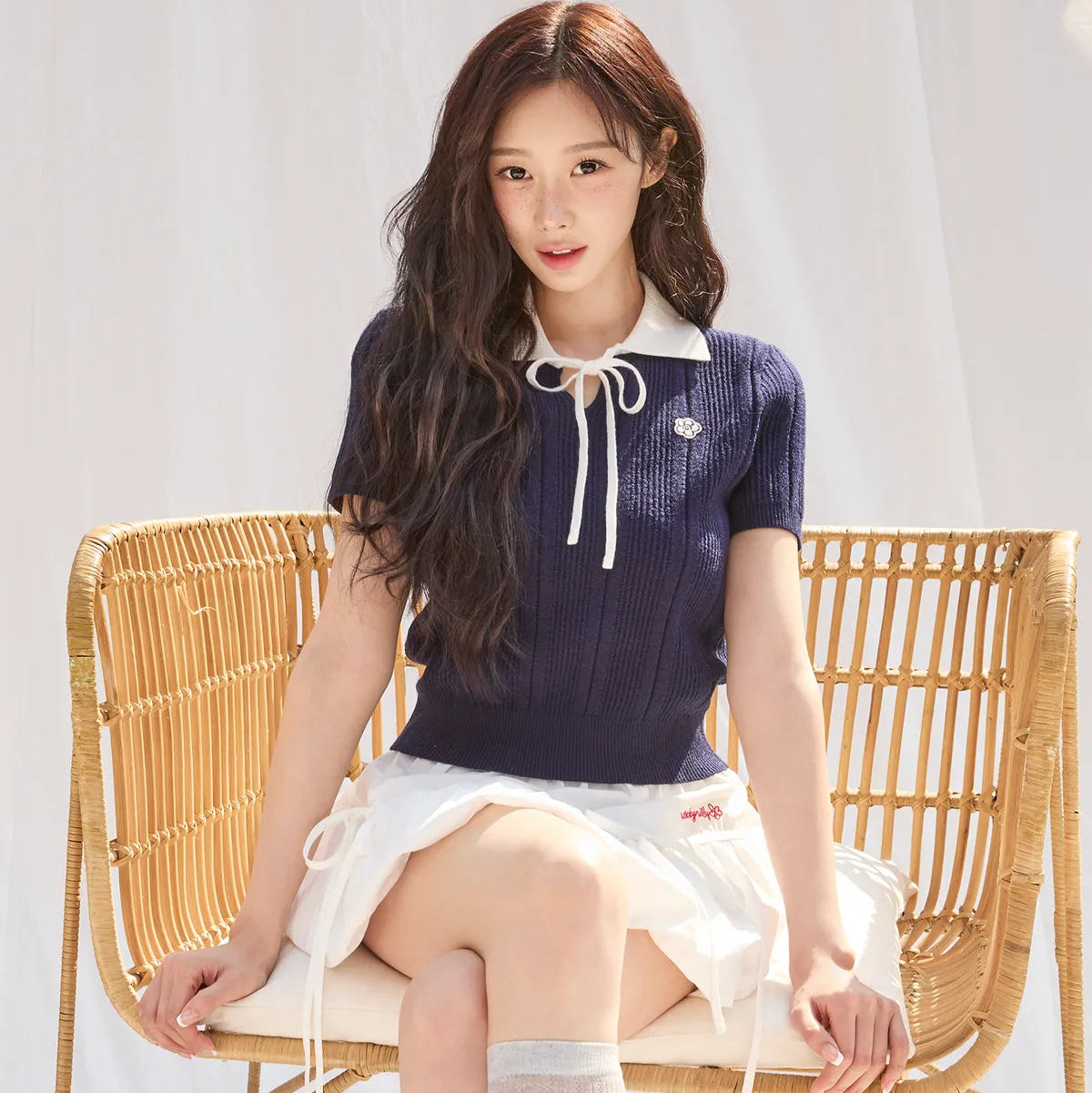 [Aespa Giselle Worn] Wacky Willy Women's Ribbon Collar Short Sleeve Knit Navy