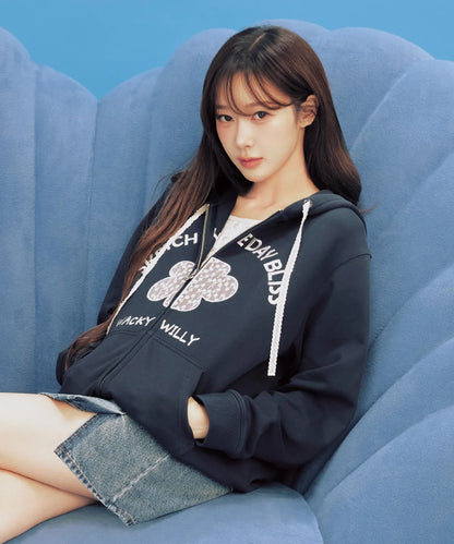 [Aespa Giselle Worn] 26SS Women's Lily Applique Overfit Hooded Zip-Up Navy