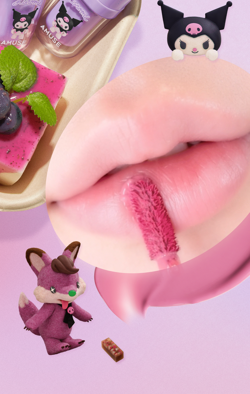 [My Melody & Kuromi Limited Edition] Amuse Bebe Tint (+Mini Lip Brush + Character Seal)