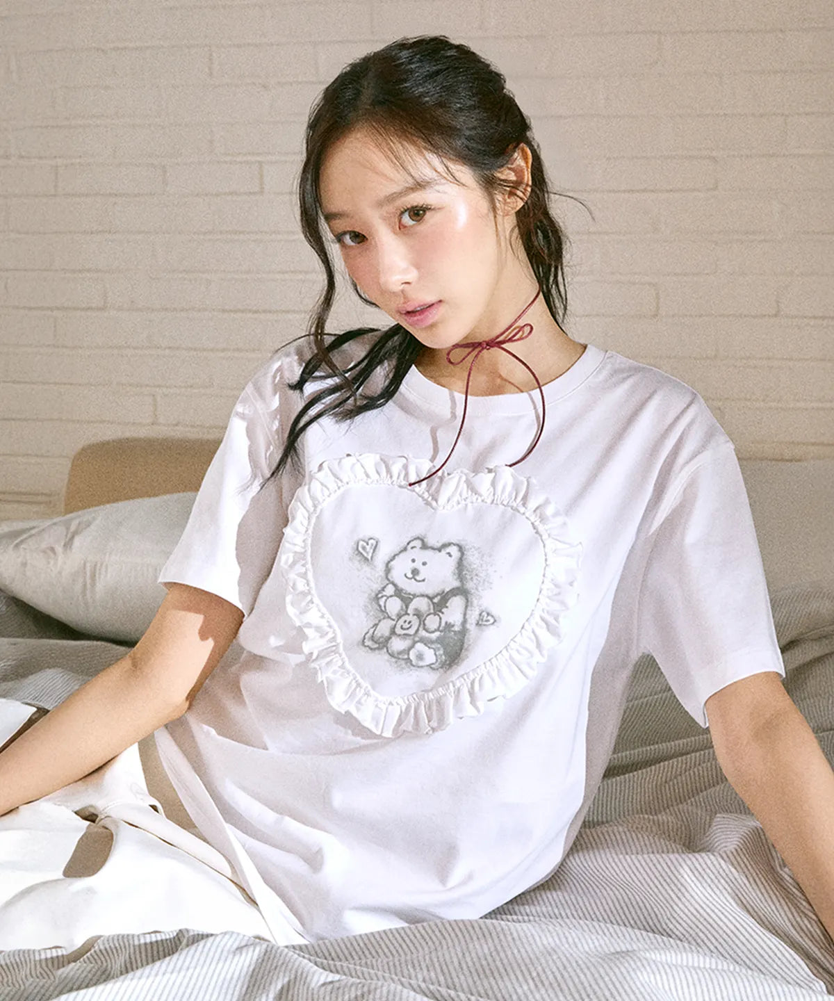 [Aespa Giselle Worn] Wacky Willy [LO.FL] Women's Heart Ruffle Short Sleeve T-shirt