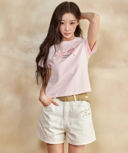 [Aespa Giselle Worn] Wacky Willy [LO.FL] - Women's Ribbon Short Sleeve T-shirt