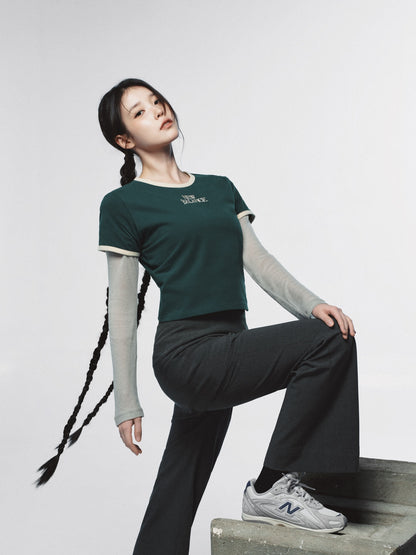 [IU Worn] New Balance Women Linear Heritage Ringer Tee (Slim Fit)_Green