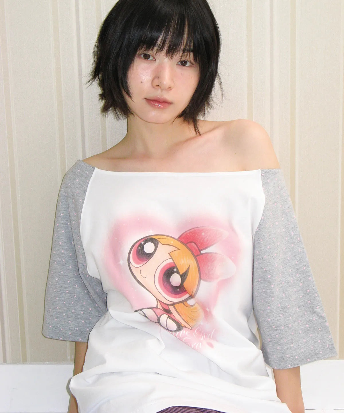Ames Worldwide X PowerPuff Girls Heart Raglan Off Shoulder Tee