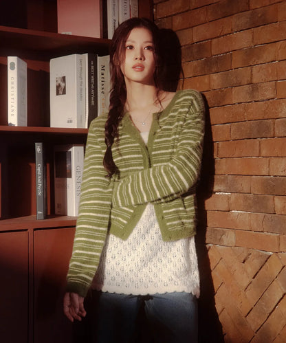 [Twice Sana Pick] 26FW COVERNAT WOMAN Woman Striped Hairy Cardigan Olive