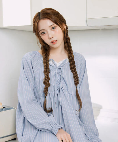 [Nmixx X Dossy] Silk Fit Blue Bee Long Sleeve Pajama Dress