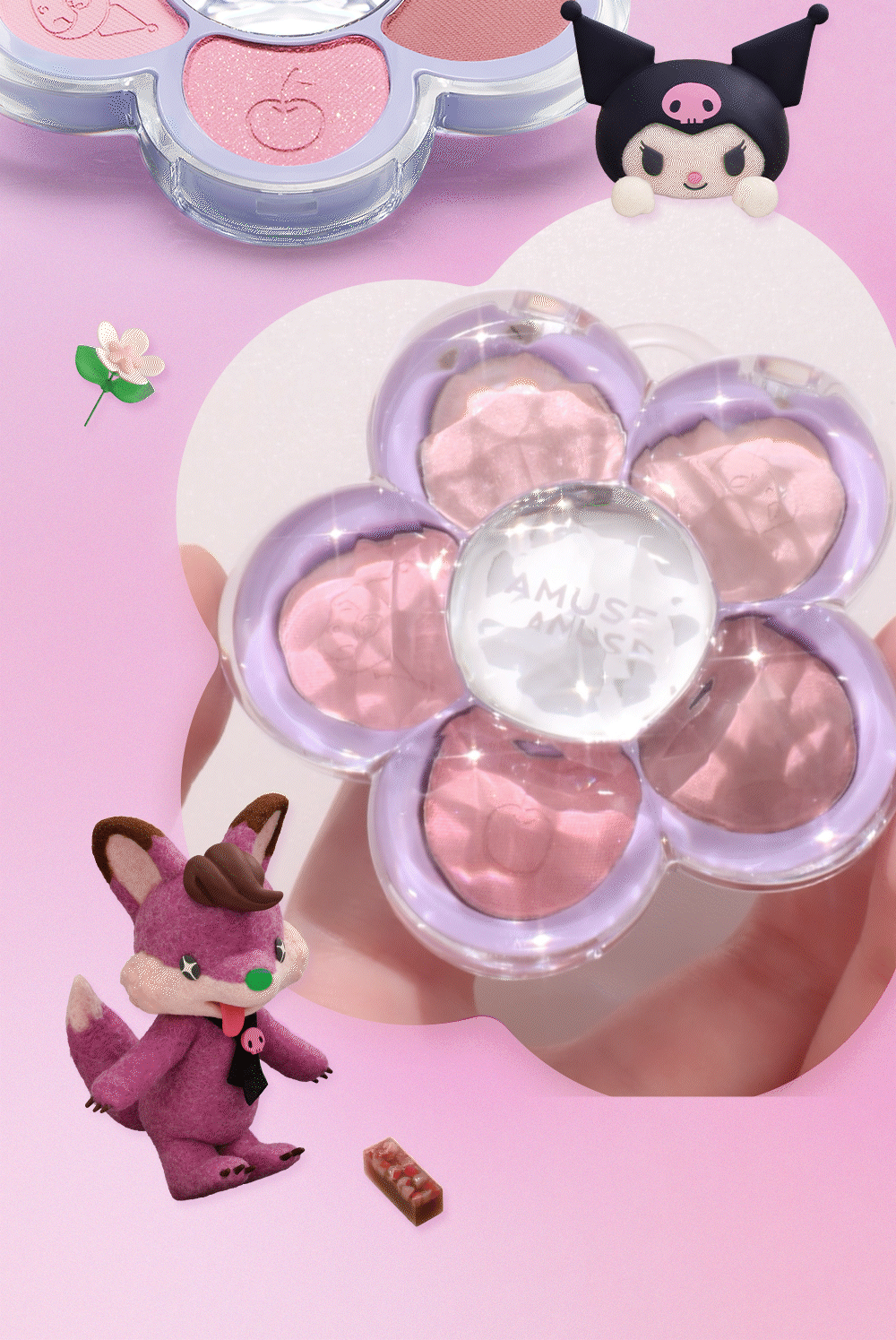 [My Melody & Kuromi Limited Edition] Amuse Flower Eye Palette (+Friend Acrylic Keyring + Character Seal)