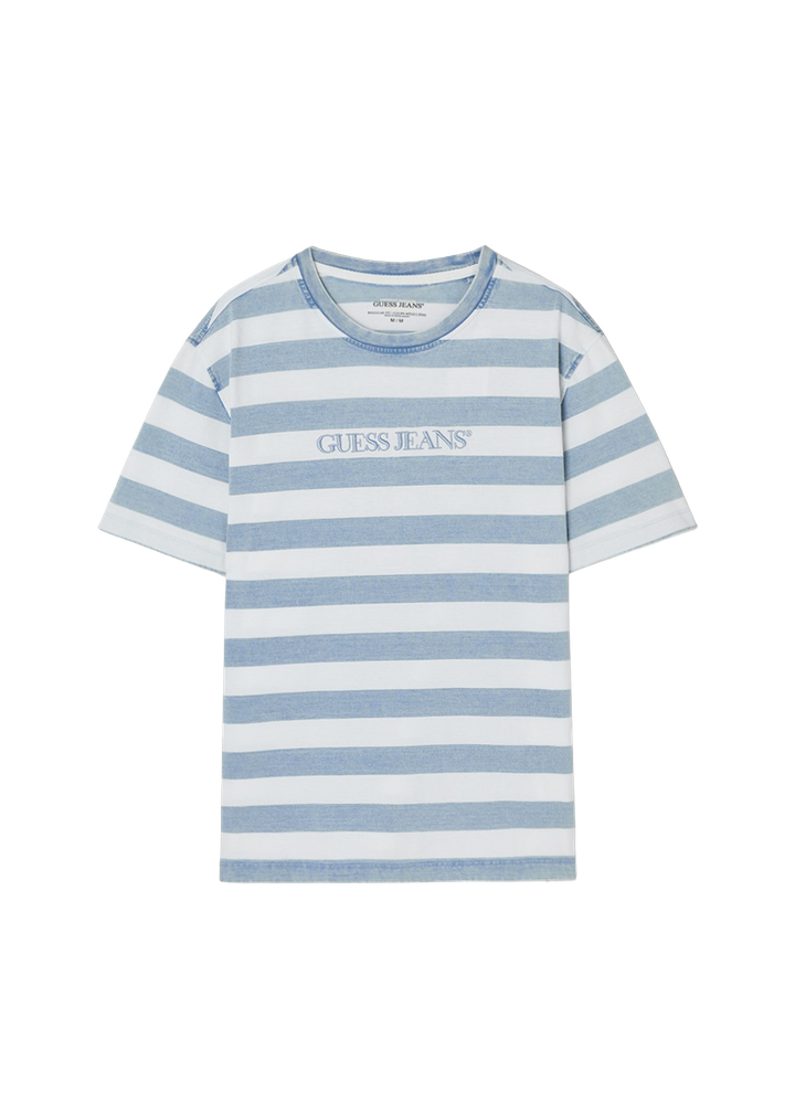 [Straykids Hyunjin Worn] 26 Summer Guess Men Regular Indigo Stripe Short Sleeve T-Shirt _  Light Blue
