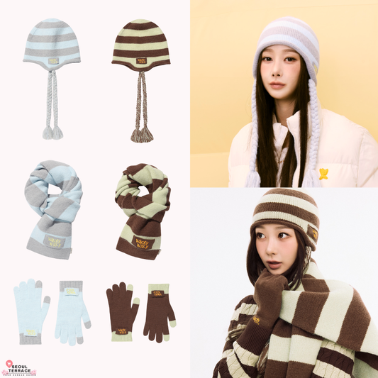 [AESPA Giselle Worn] WACKY WILLY Striped tassel beanie / Knit Muffler / Knit Gloves (2 colors)