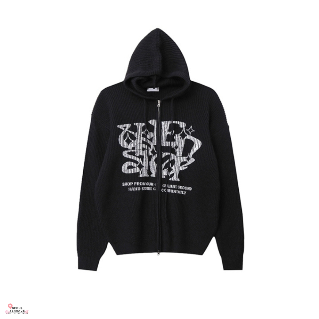 ATEEZ Wooyoung Worn Huecloset Lettering Hooded Zip-Up Knit Unisex