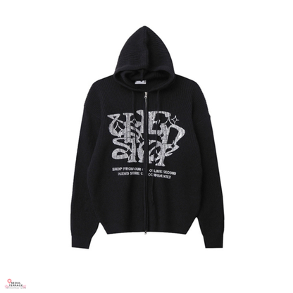 ATEEZ Wooyoung Worn Huecloset Lettering Hooded Zip-Up Knit Unisex