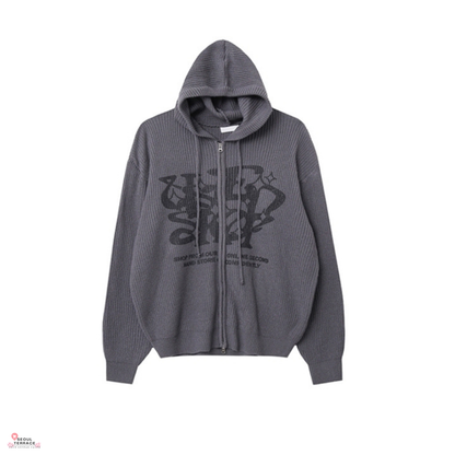 ATEEZ Wooyoung Worn Huecloset Lettering Hooded Zip-Up Knit Unisex