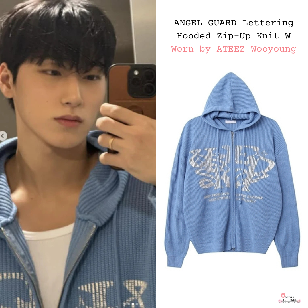 ATEEZ Wooyoung Worn Huecloset Lettering Hooded Zip-Up Knit Unisex