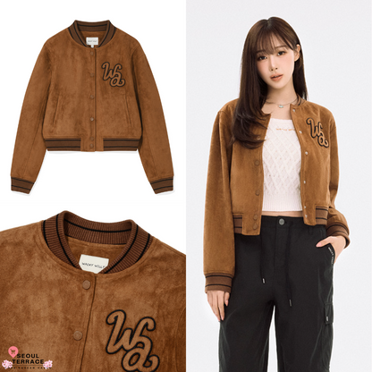 [Aespa Giselle's Wear] WACKY WILLY Women's Suede Varsity Jacket Brown