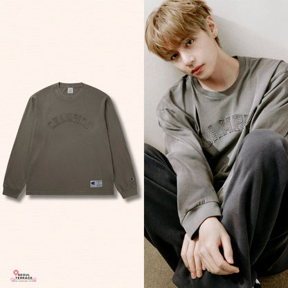 BTS V TAEHYUNG x CHAMPION Arch Logo Loose Fit Applique Long Sleeve T-shirt Brown