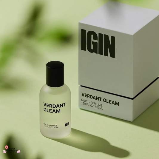 BTS JIN - IGIN Verdant Gleam Multi-Perfume 50ml Renewal bottle and packaging displayed elegantly.