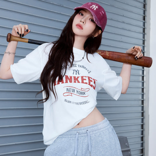 [Aespa Karina Pick] MLB Varsity Vintage Color Graphic Overfit Short Sleeve T-Shirt