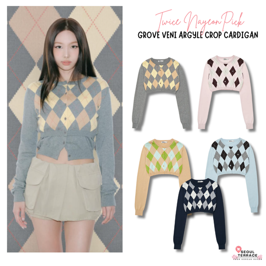 [Twice Nayeon Worn] Grove Veni Argyle Crop Cardigan