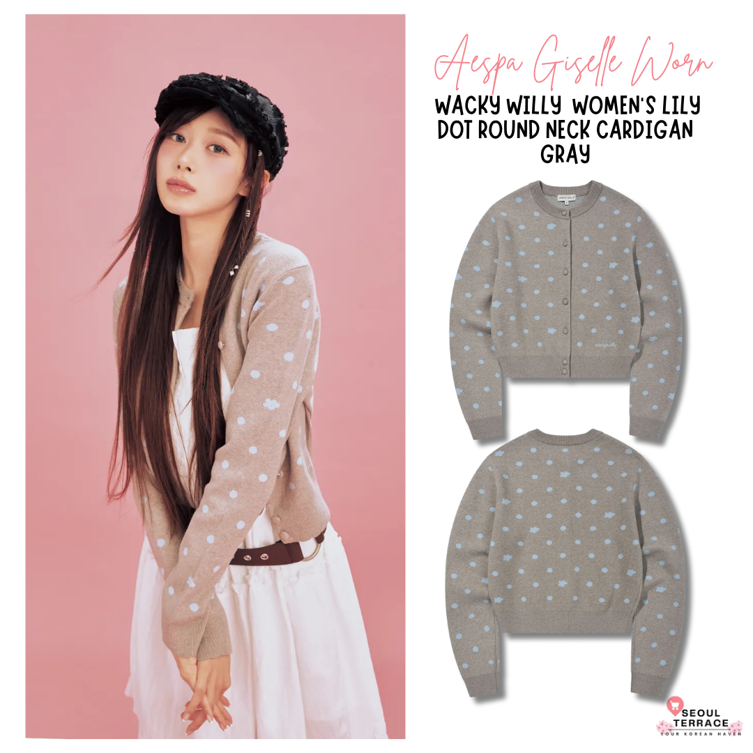 [Aespa Giselle Worn] 26SS Women's Lily Dot Round Neck Cardigan Gray