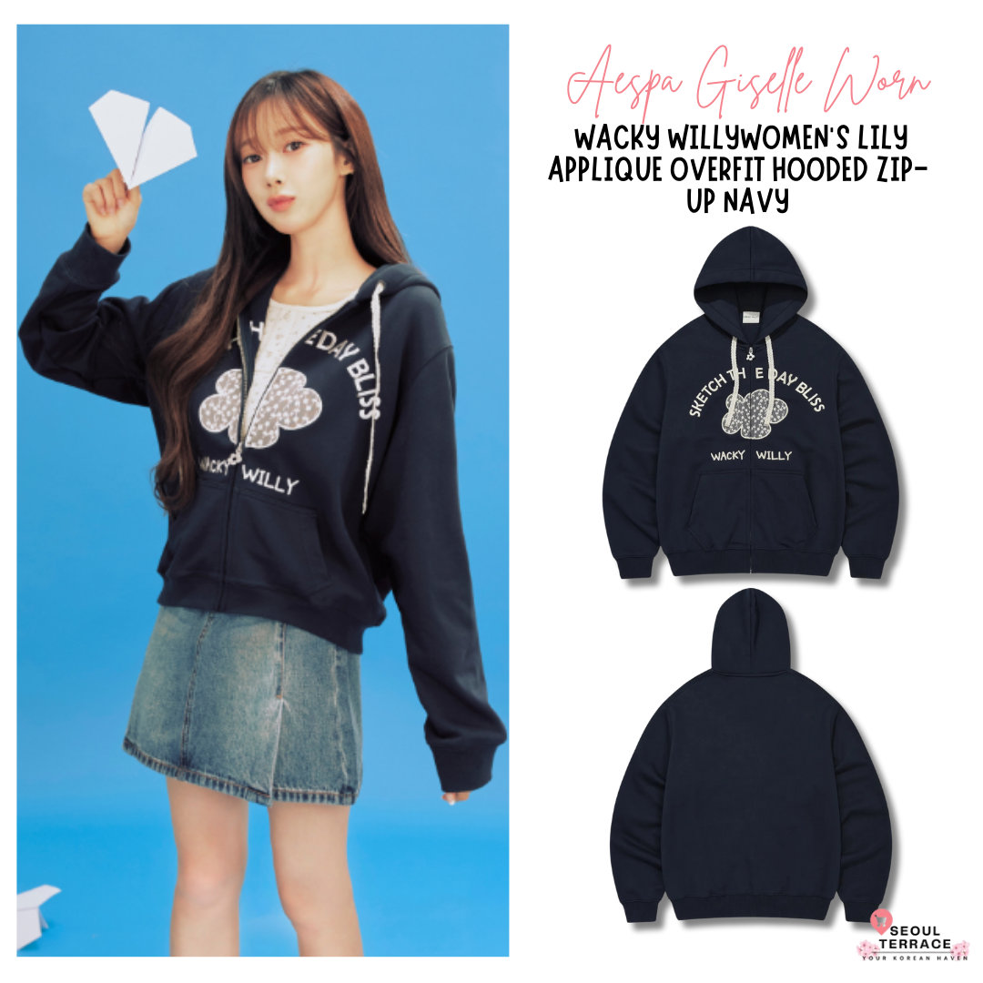 [Aespa Giselle Worn] 26SS Women's Lily Applique Overfit Hooded Zip-Up Navy