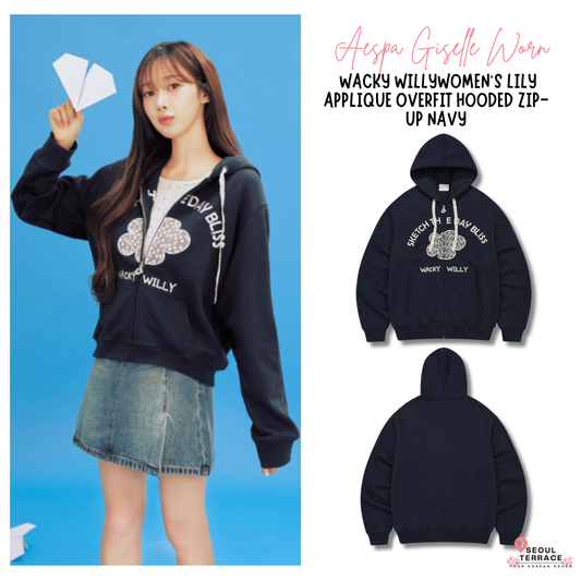 [Aespa Giselle Worn] 26SS Women's Lily Applique Overfit Hooded Zip-Up Navy
