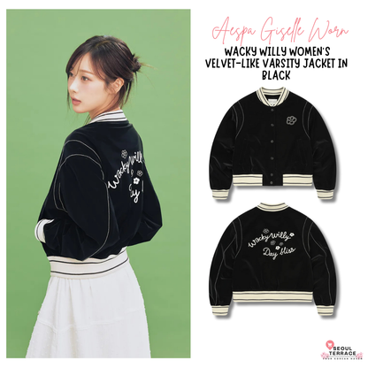[Aespa Giselle Worn] 26SS Wacky Willy Women's Velvet-Like Varsity Jacket in Black