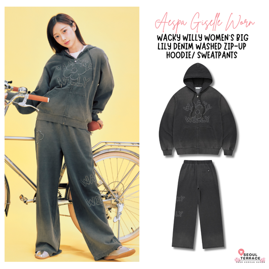 [Aespa Giselle Worn] 26SS Wacky Willy Women's Big Lily denim washed Zip-Up Hoodie/ Sweatpants Gray