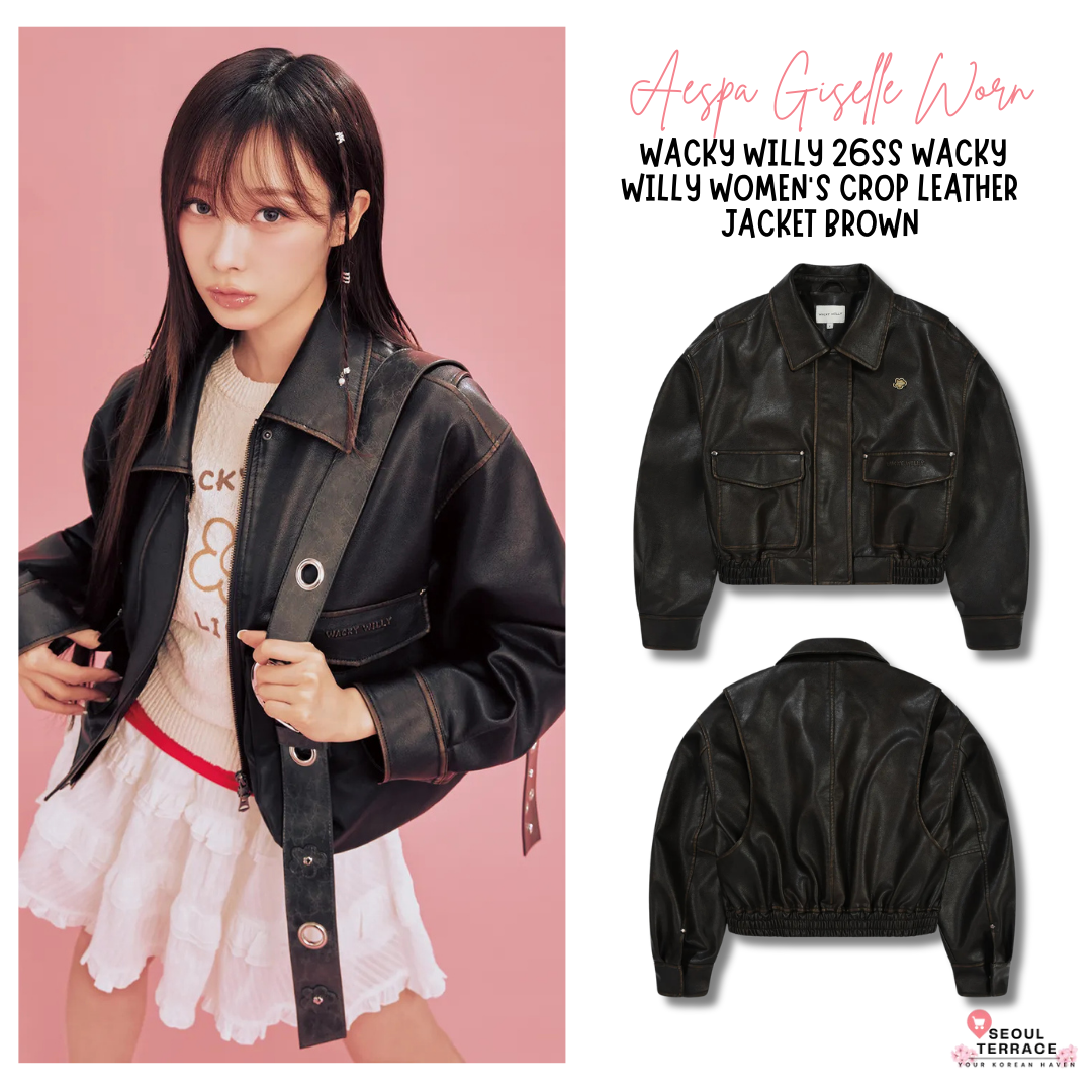 [Aespa Giselle Worn] 26SS Wacky Willy Women's Crop Leather Jacket Brow ...