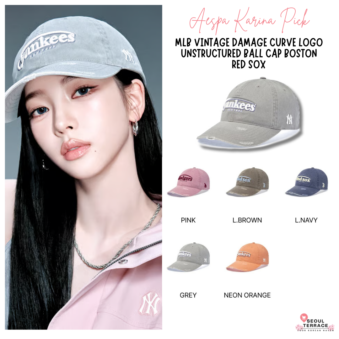 [Aespa Karina Pick] 26SS MLB Vintage Damage Curve Logo Unstructured Ball Cap New York Yankees