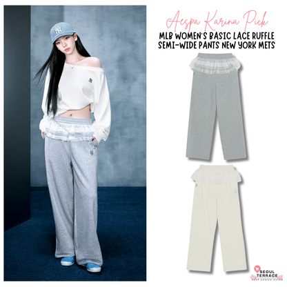 [Aespa Karina Pick] 26SS MLB omen's Basic Lace Ruffle Semi-Wide Pants New York Mets
