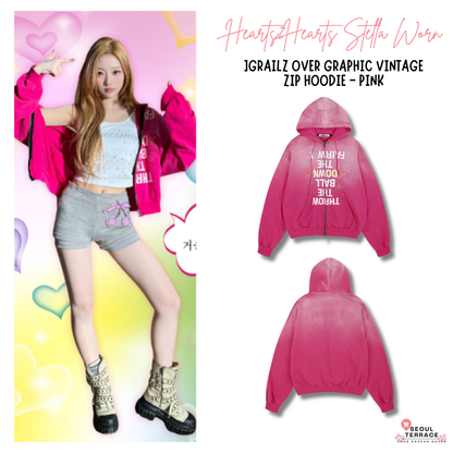 [Hearts2Hearts Stella Worn]Grailz Over Graphic Vintage Zip Hoodie - Pink