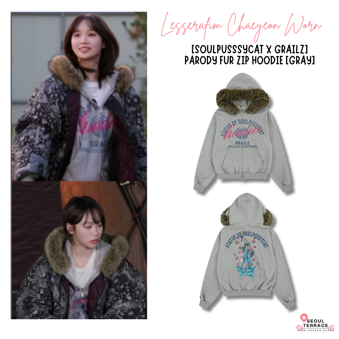 [Lesserafim Chaeyeon Worn] SoulPussycat X Grailz Parody Fur Zip Up Hoodie -Gray