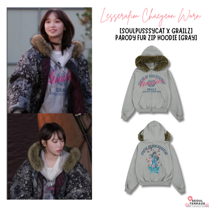 [Lesserafim Chaeyeon Worn] SoulPussycat X Grailz Parody Fur Zip Up Hoodie -Gray