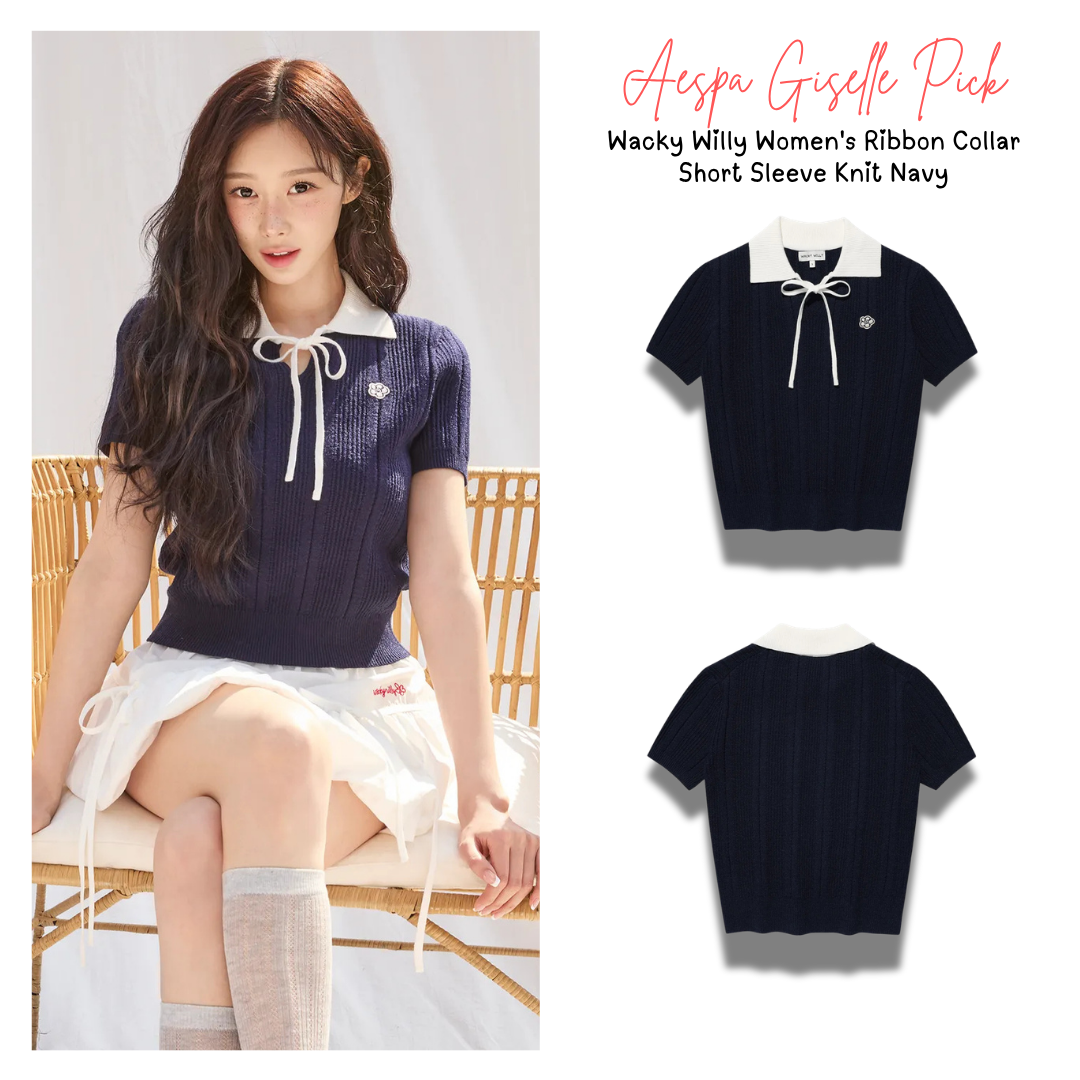 [Aespa Giselle Worn] Wacky Willy Women's Ribbon Collar Short Sleeve Knit Navy