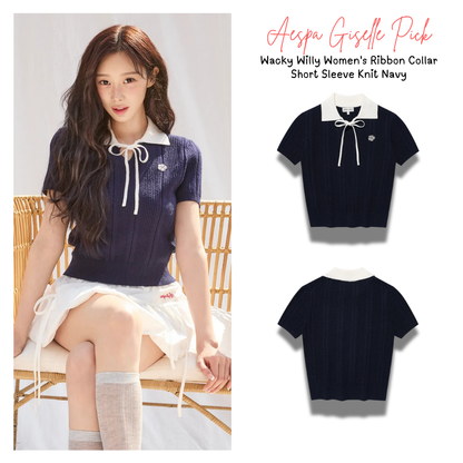 [Aespa Giselle Worn] Wacky Willy Women's Ribbon Collar Short Sleeve Knit Navy
