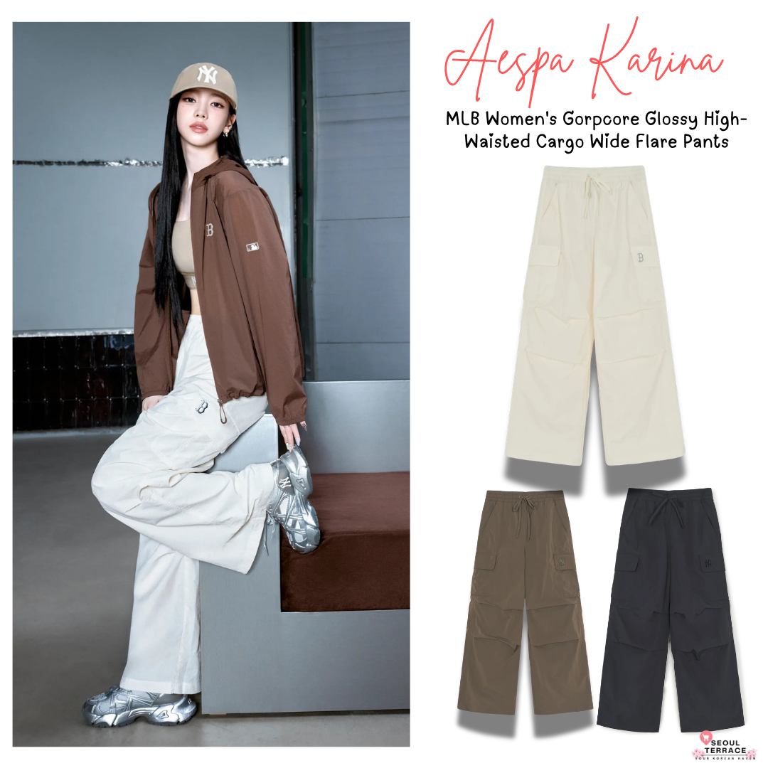[Aespa karina Worn] 26 Summer MLB Women's Gorpcore Glossy High-Waisted Cargo Wide Flare Pants