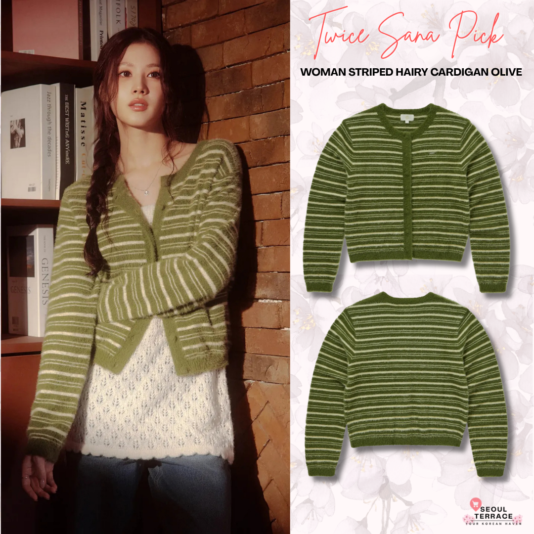 [Twice Sana Pick] 26FW COVERNAT WOMAN Woman Striped Hairy Cardigan Olive