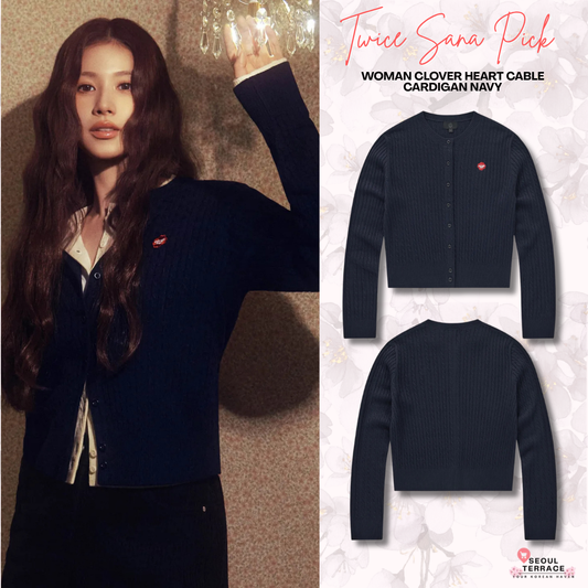 [Twice Sana Pick] 26FW COVERNAT WOMAN Clover Heart Cable Cardigan Navy