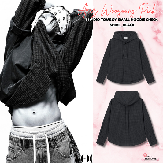 [Ateez Wooyoung Pick] STUDIO TOMBOY Small Hoodie Check Shirt _Black